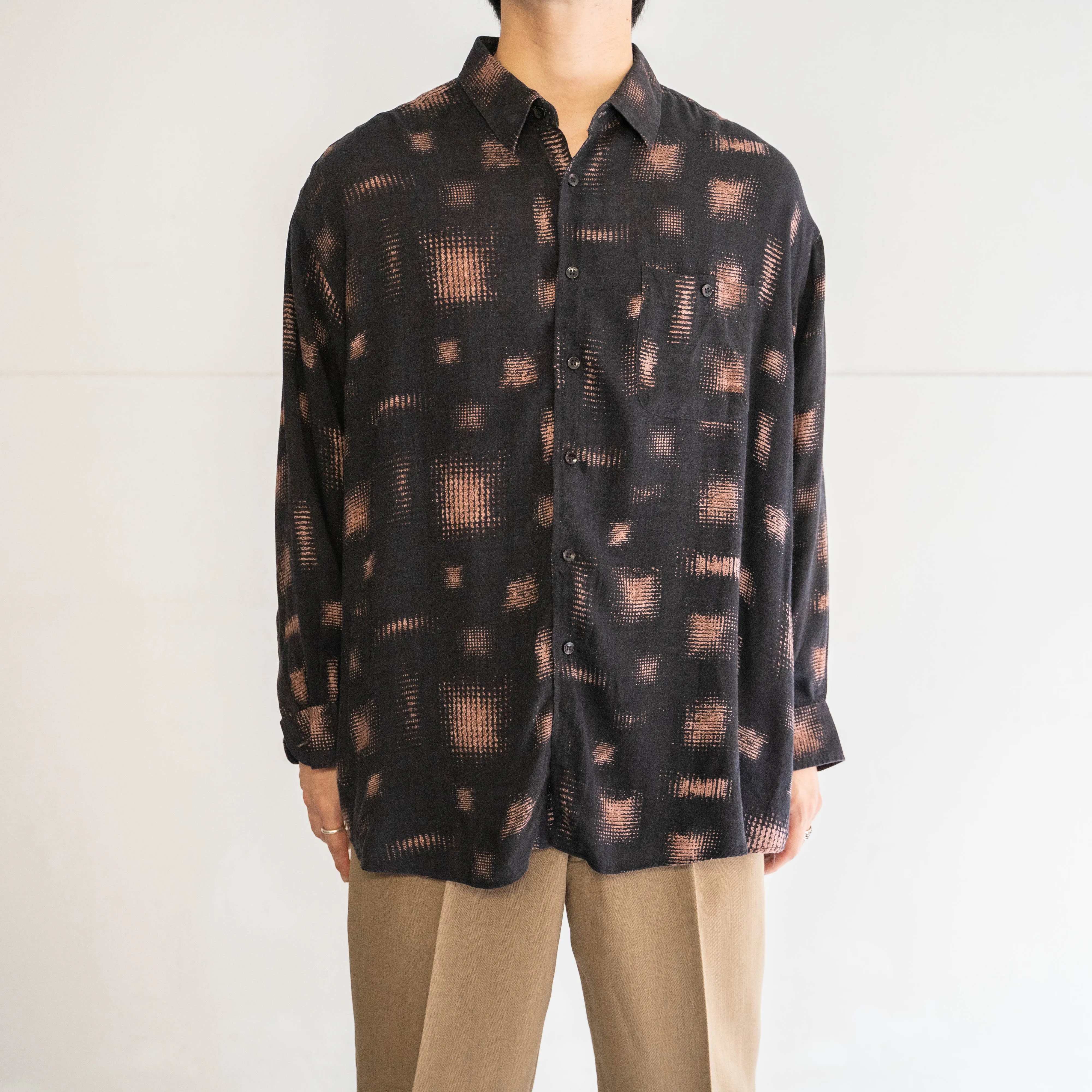 1990s black base abstract design rayon polyester? shirt