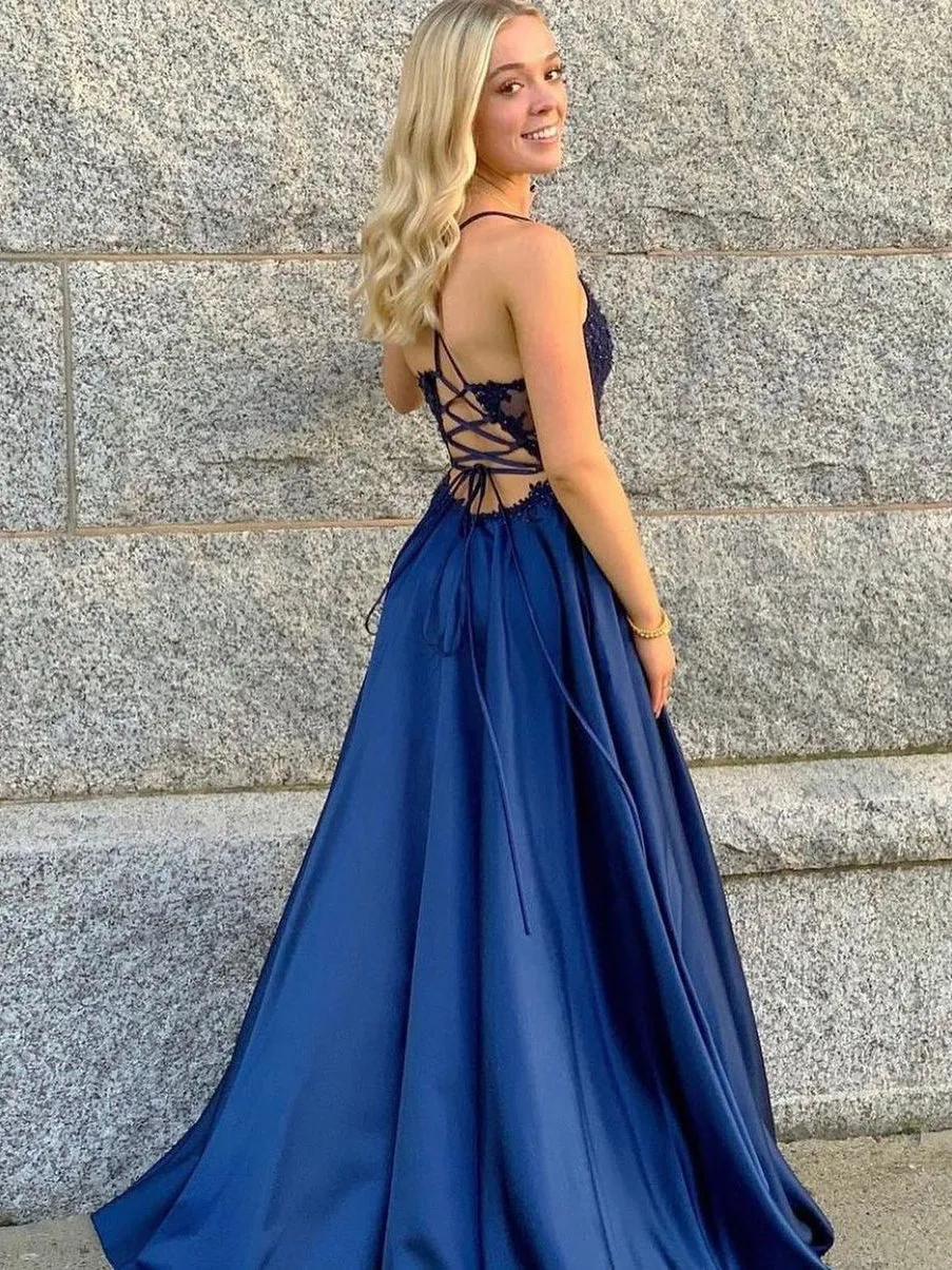 Amazing V-neck Spaghetti Straps Prom Dresses Satin A-line Formal Gowns PD607