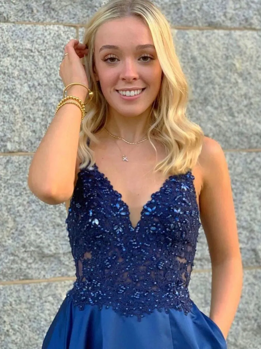 Amazing V-neck Spaghetti Straps Prom Dresses Satin A-line Formal Gowns PD607