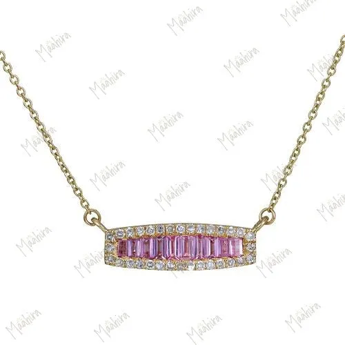 Baguette Pink Sapphire & Diamond Bar Necklace