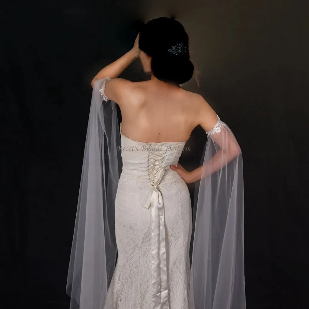 Bicep Wedding Cape with Lace, Detachable Dress Sleeves, Bridal Wings, Veil, Bride Cape