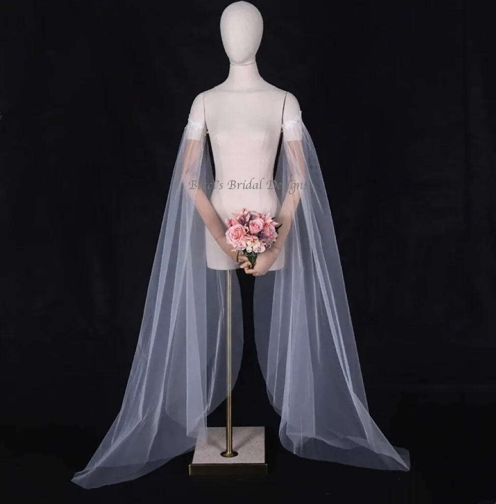 Bicep Wedding Cape with Lace, Detachable Dress Sleeves, Bridal Wings, Veil, Bride Cape