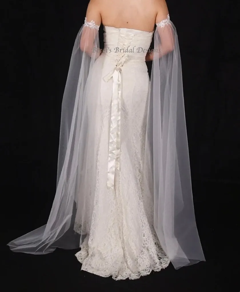 Bicep Wedding Cape with Lace, Detachable Dress Sleeves, Bridal Wings, Veil, Bride Cape