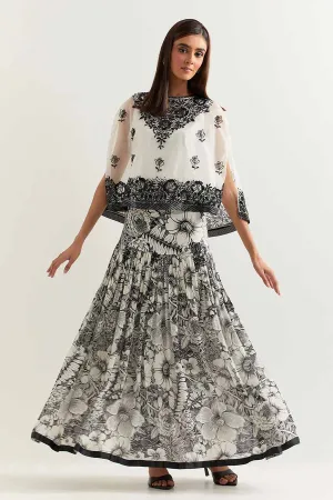Black & White Embroidered Organza Cape With Printed Skirt