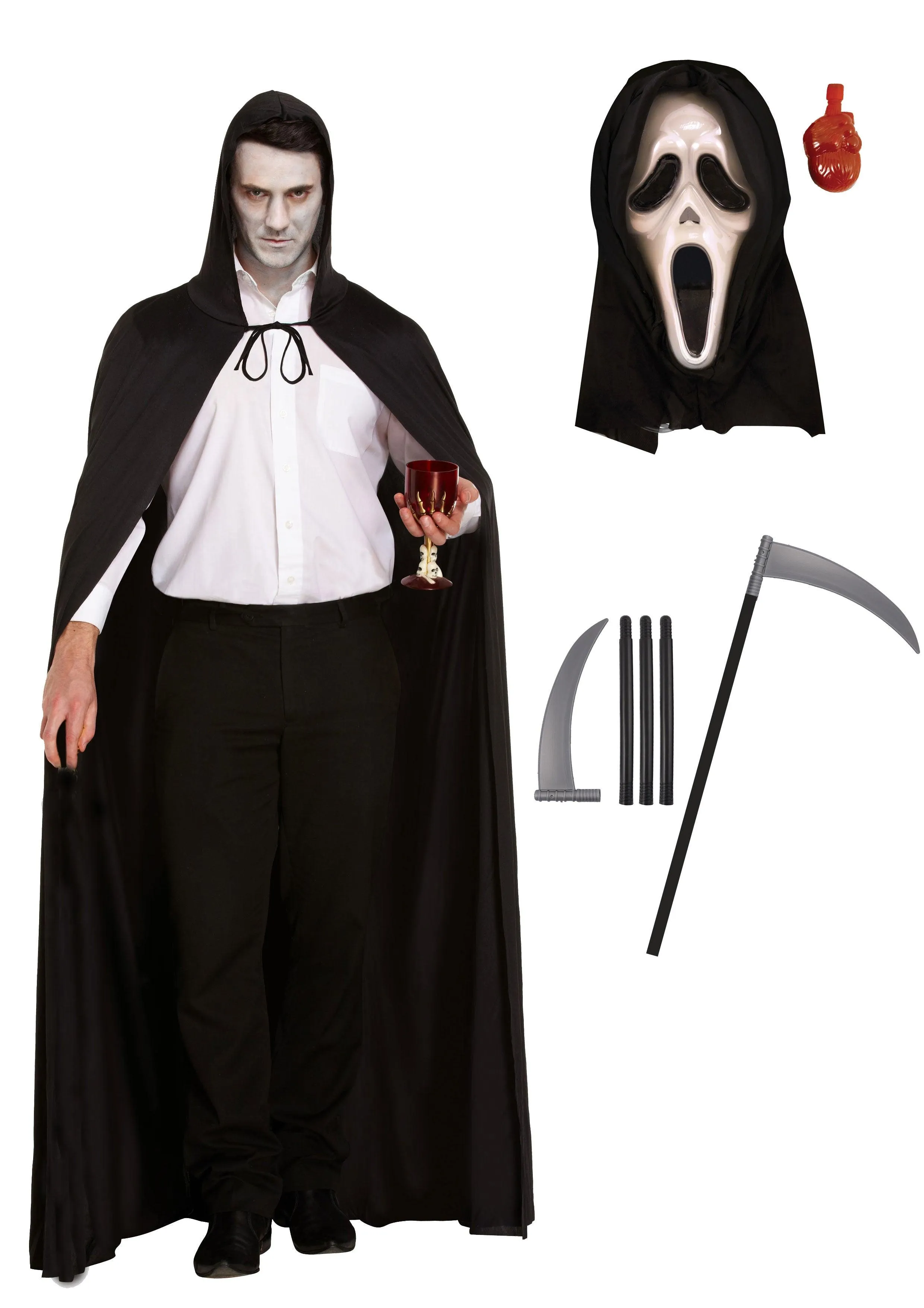 Black Hooded Cape Scream Bleeding Mask Scythe Halloween Grim Reaper Fancy Dress Party Costume