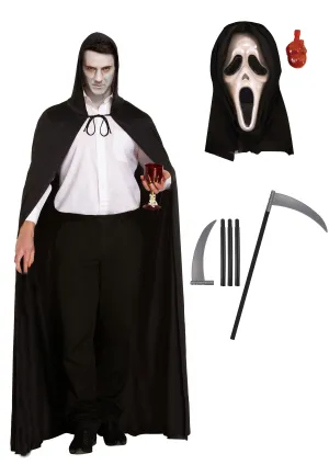 Black Hooded Cape Scream Bleeding Mask Scythe Halloween Grim Reaper Fancy Dress Party Costume