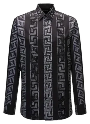 Black Men's Long Sleeve Shirt Stretch Material Greek Key Print with Dimond Stone