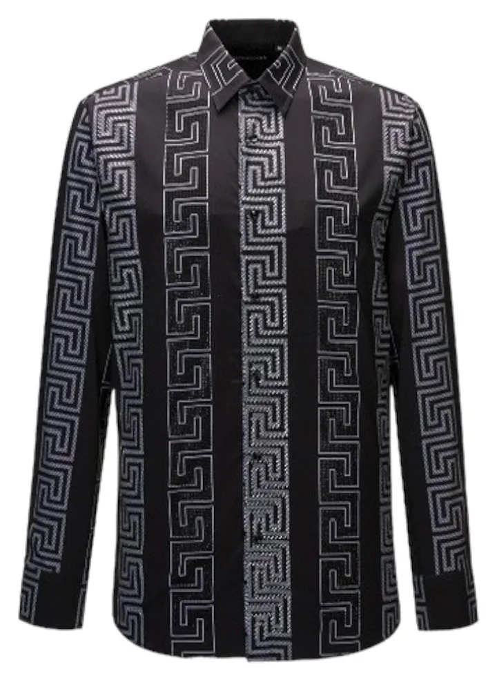 Black Men's Long Sleeve Shirt Stretch Material Greek Key Print with Dimond Stone