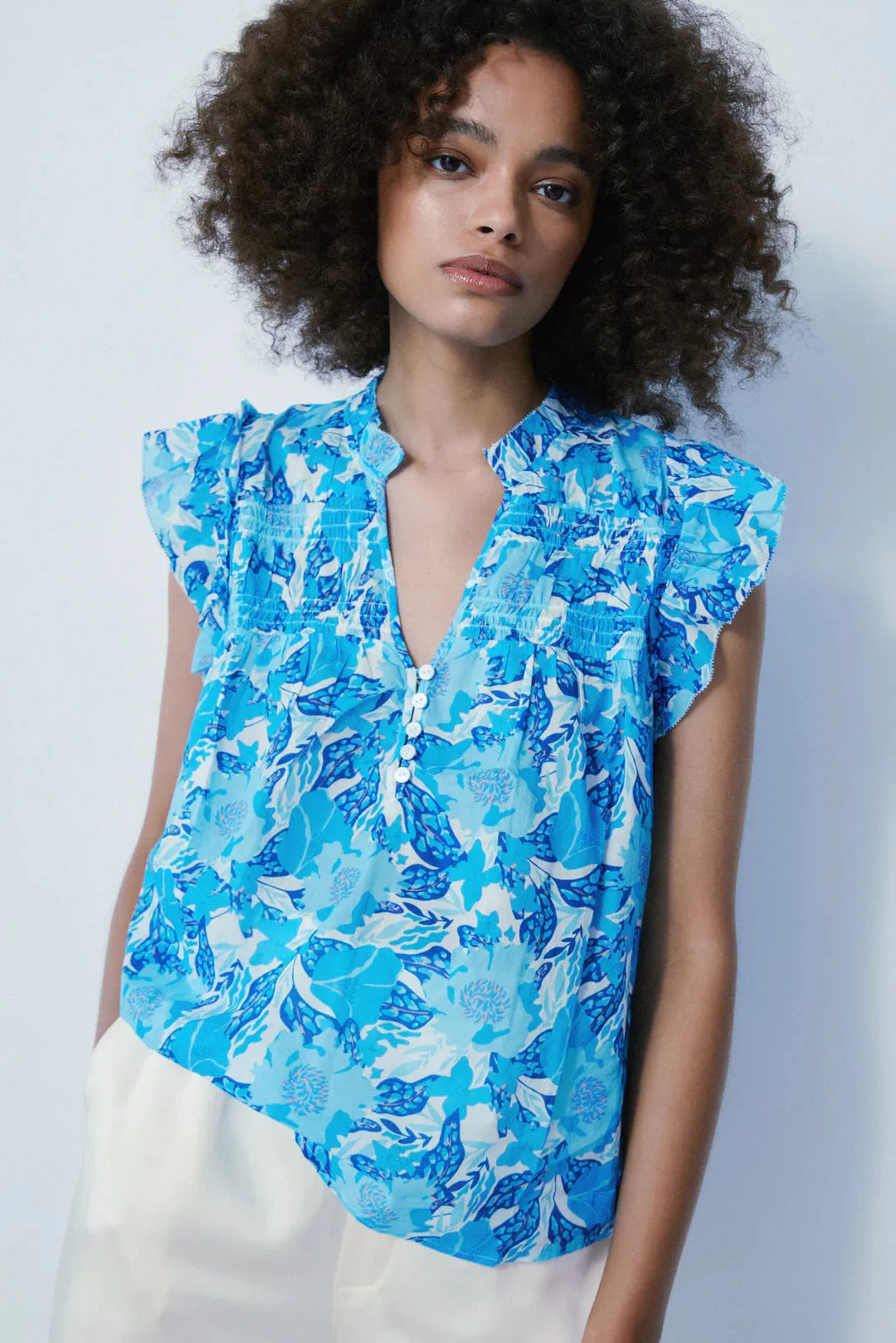 Blue Bloom Smocked Frill Krystel Blouse