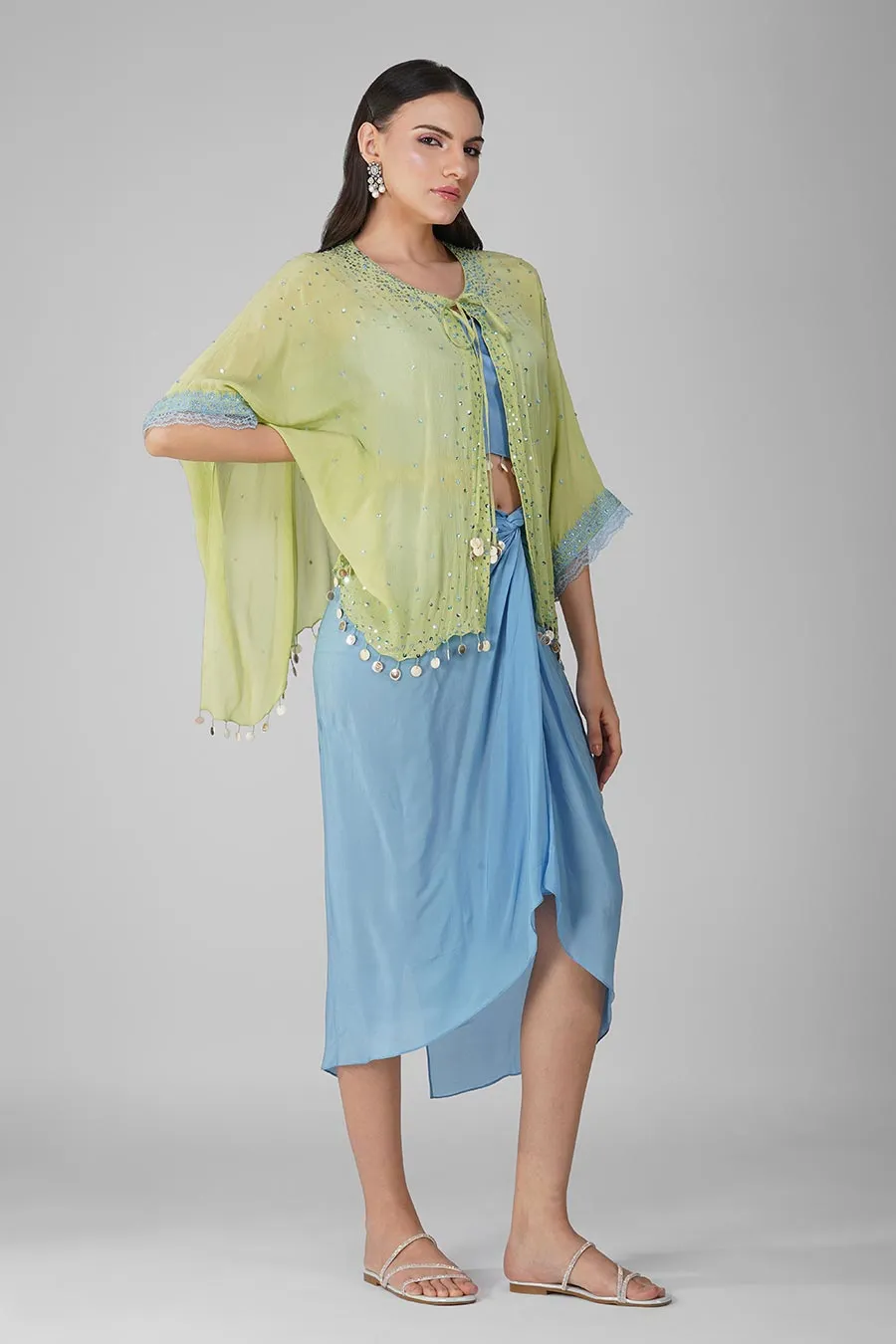 Blue-Green Sky Drape Skirt And Cape Set