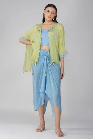 Blue-Green Sky Drape Skirt And Cape Set