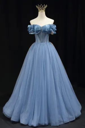 Blue Sweetheart Tulle Long Formal Dress, Off the Shoulder Evening Graduation Dress