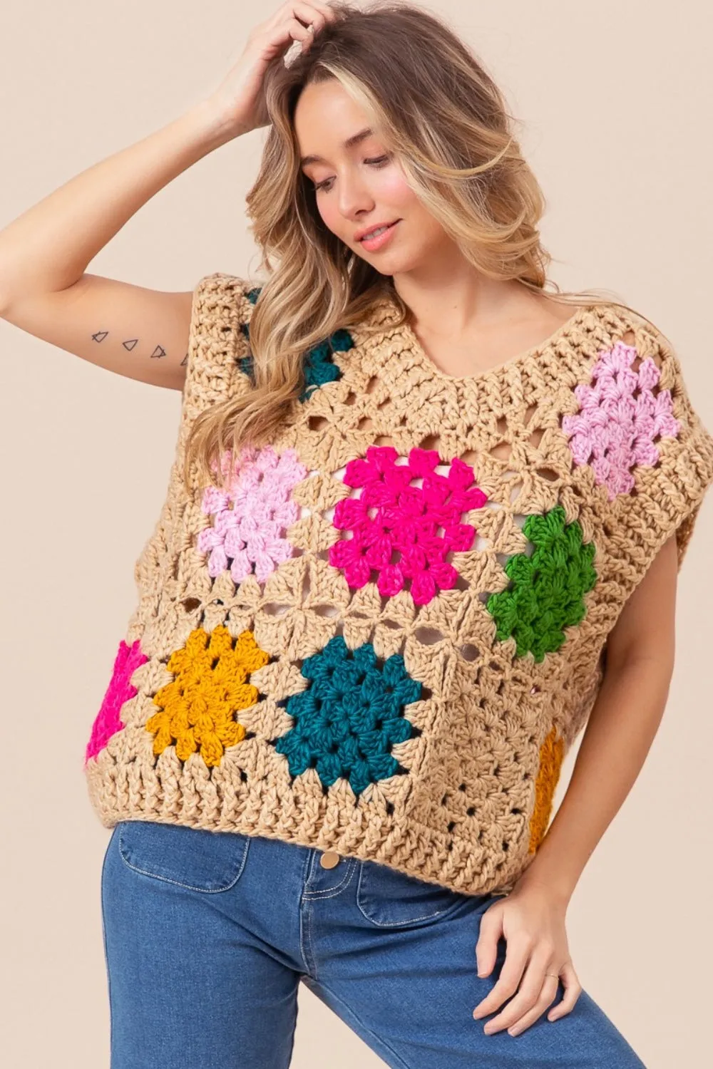 Blue Zone Planet |  BiBi Granny Square Openwork Sweater Vest