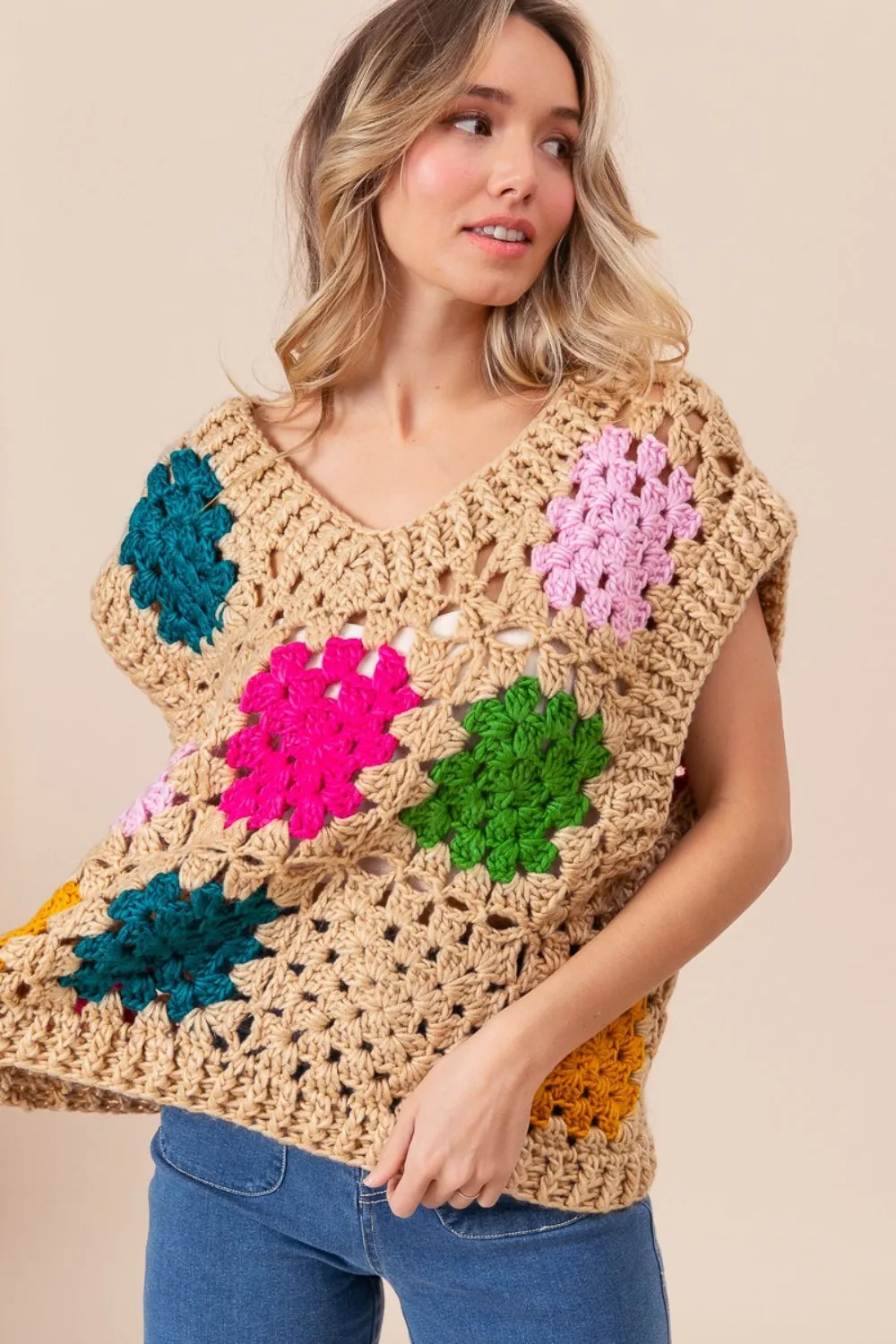 Blue Zone Planet |  BiBi Granny Square Openwork Sweater Vest