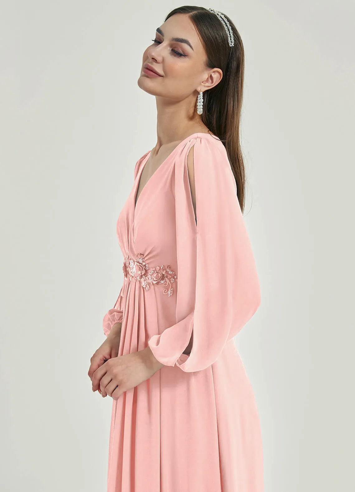 Blush V-Neck Long Slit Sleeve Pleated Flowy Chiffon Formal Dress