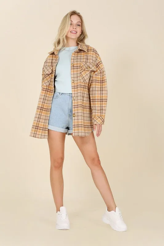Brown & Yellow Plaid Shacket With Pockets
