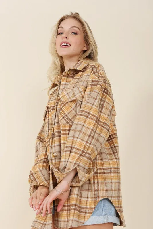Brown & Yellow Plaid Shacket With Pockets