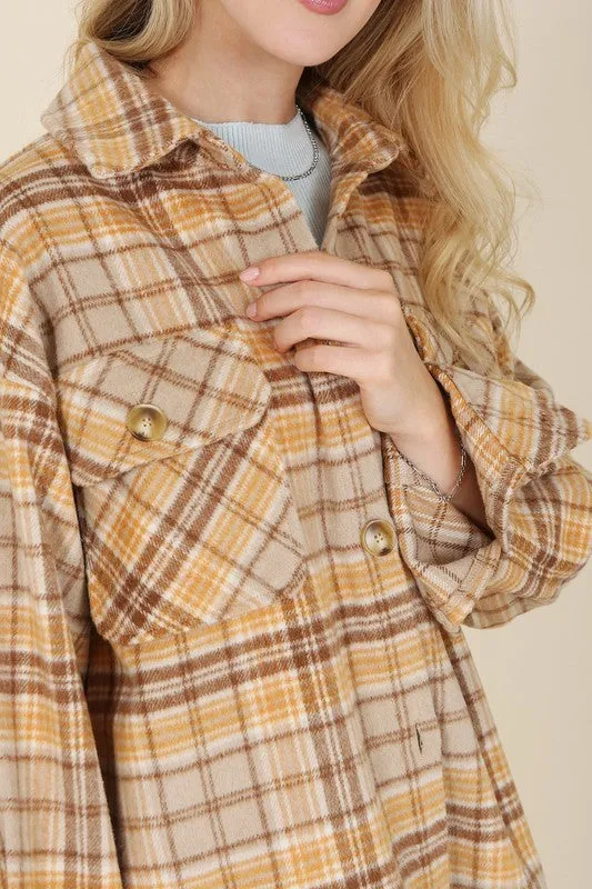 Brown & Yellow Plaid Shacket With Pockets