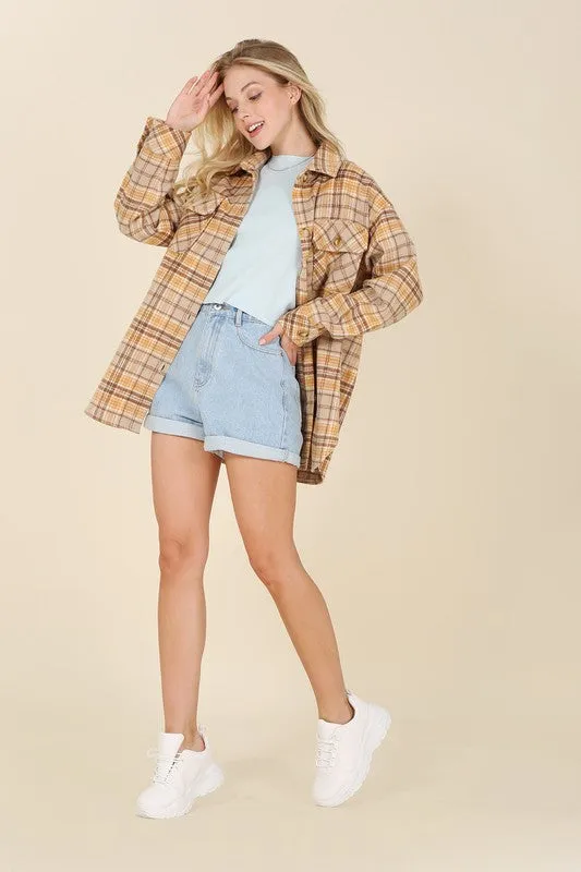 Brown & Yellow Plaid Shacket With Pockets