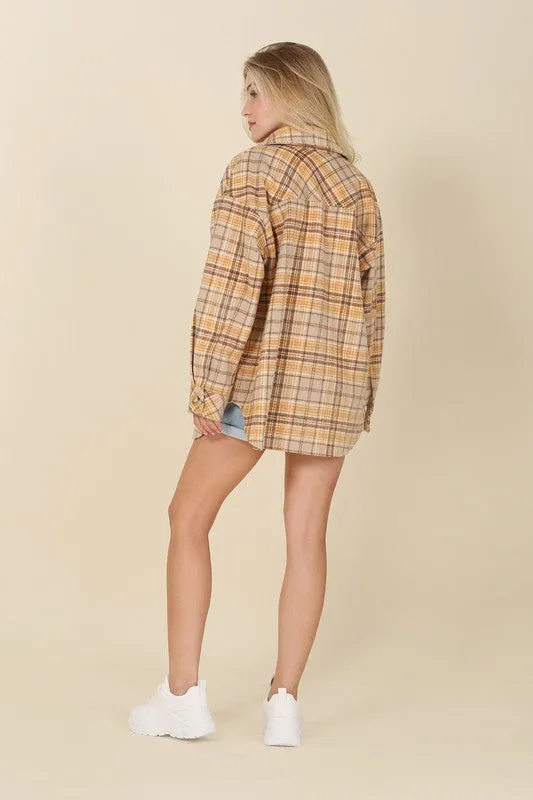 Brown & Yellow Plaid Shacket With Pockets