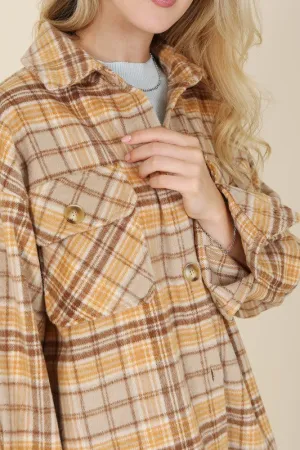 Brown & Yellow Plaid Shacket With Pockets