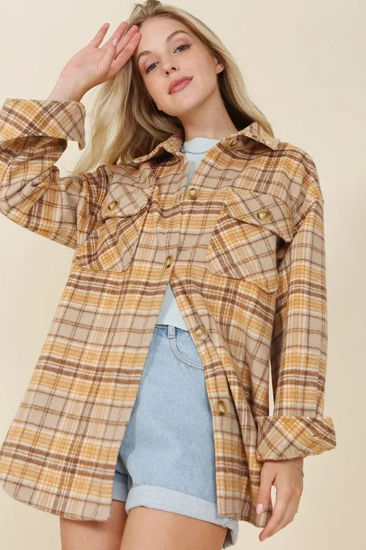 Brown & Yellow Plaid Shacket With Pockets