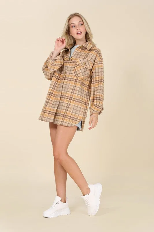 Brown & Yellow Plaid Shacket With Pockets