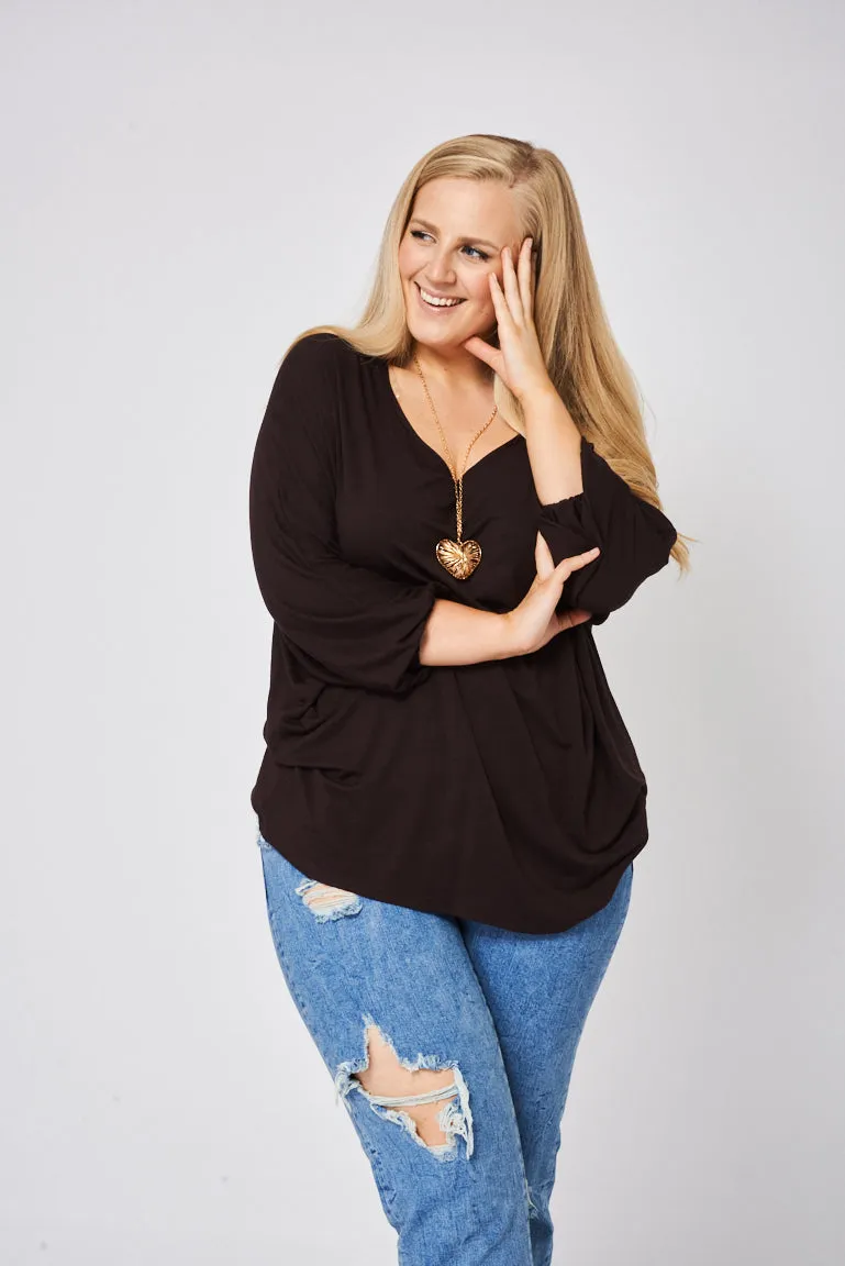 Brown Dolman Sleeve Top With Necklace
