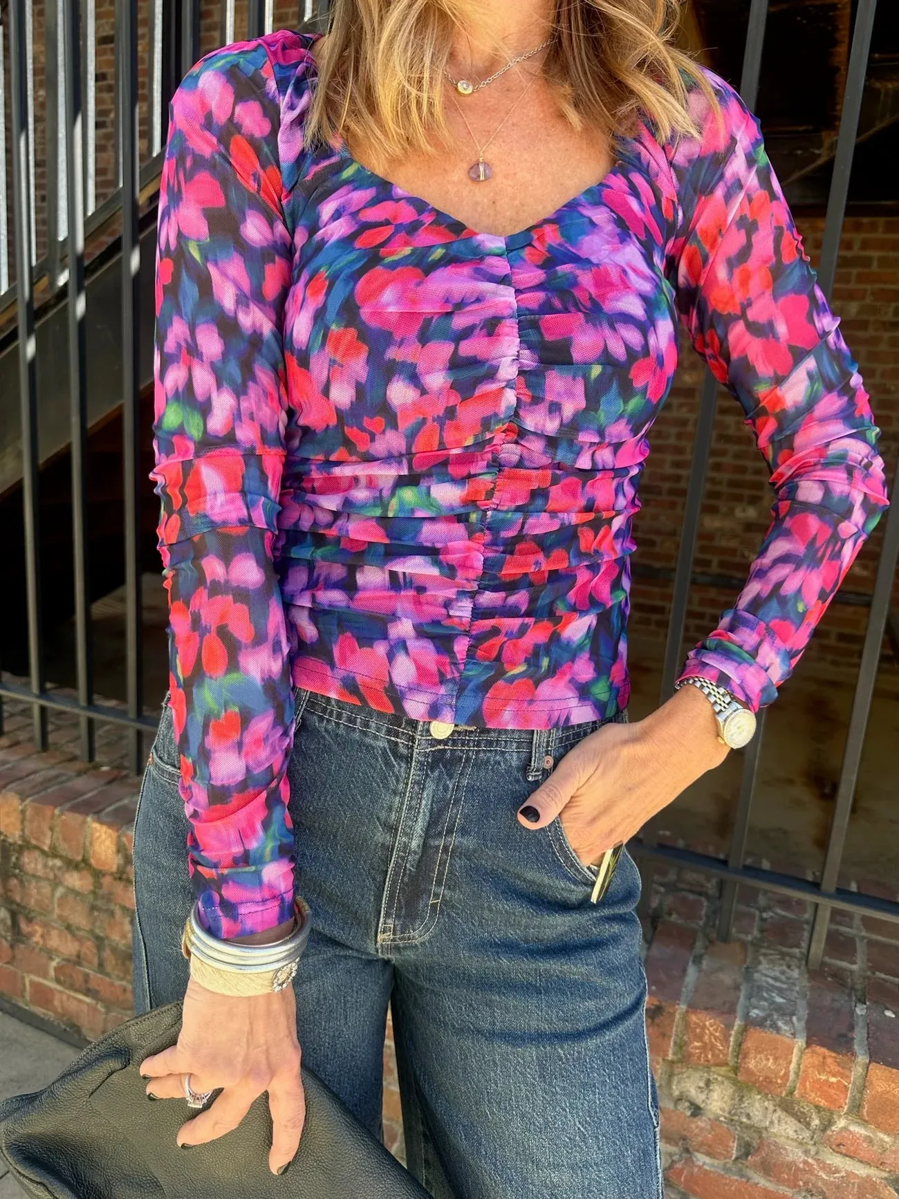 Calista Ruched Mesh Top-Floral