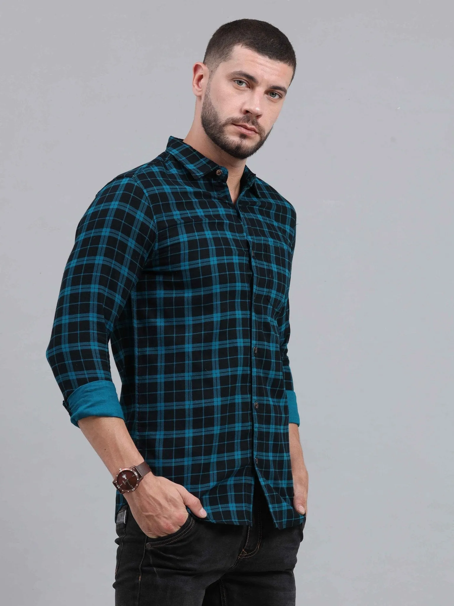 Checkered Cut Away Collar Casual Shirt