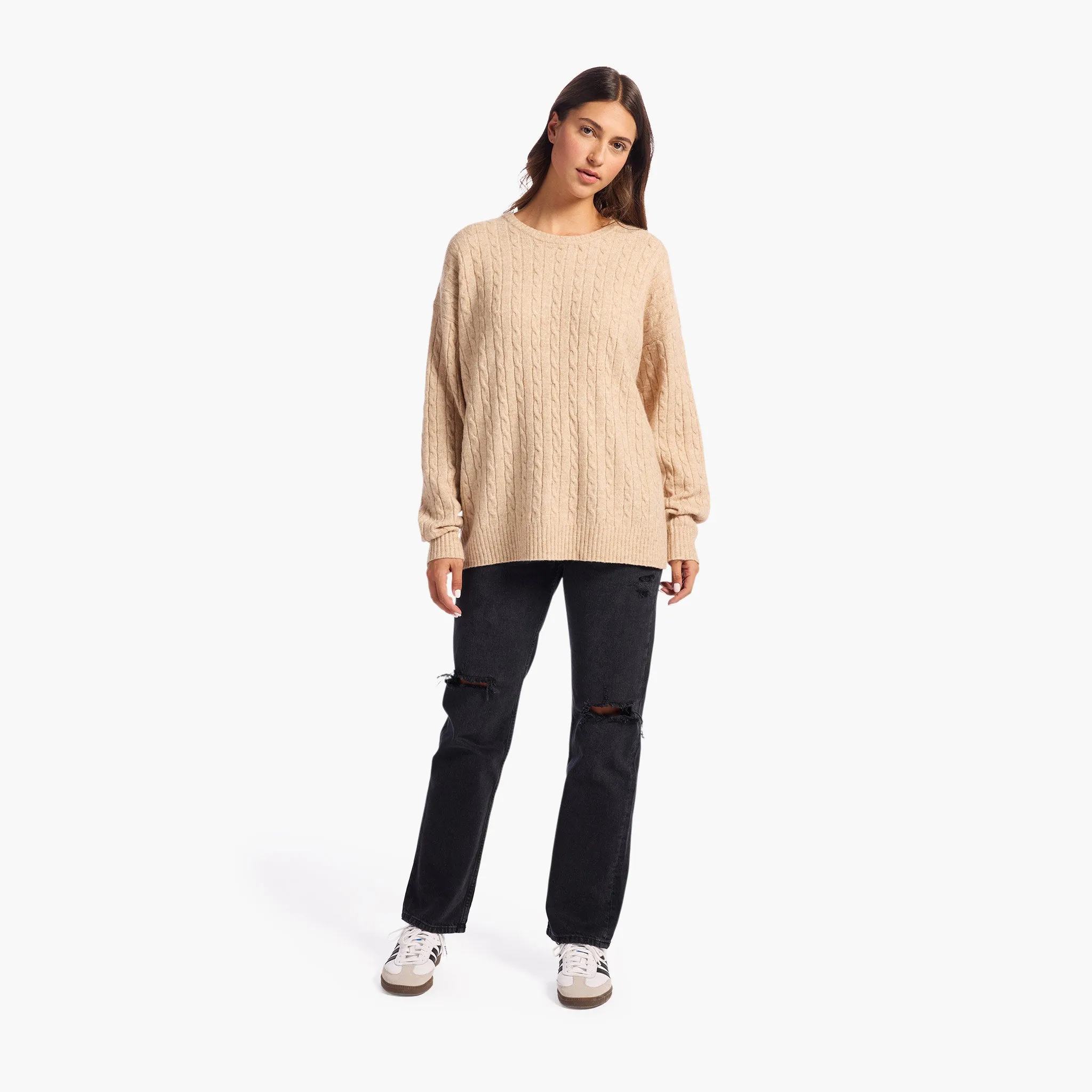 Cozy Knit Cable Crewneck Sweater | Heather Oat