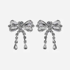 Cute Plated Rhinestone Embellished Bow Motif Drop Earrings - Silver