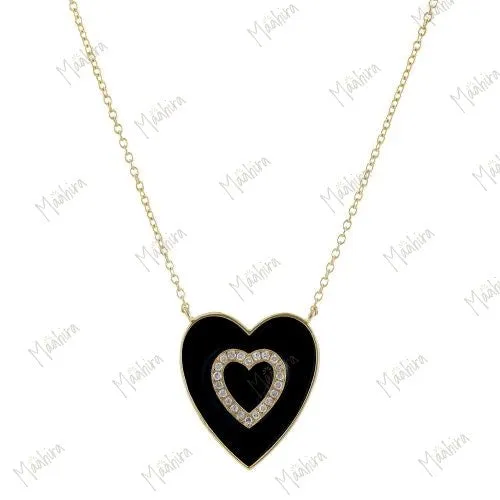 Diamond Heart Black Enamel Necklace