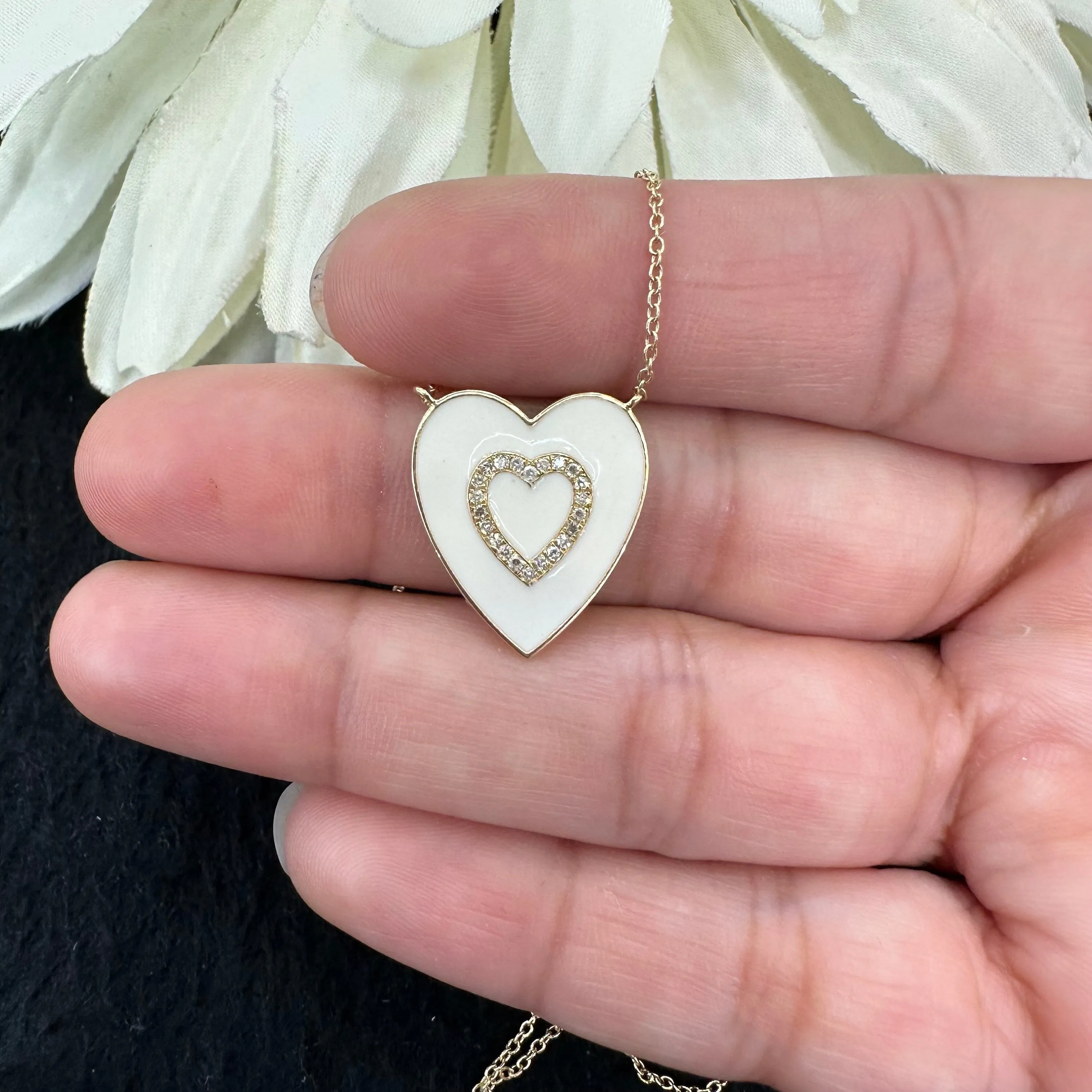 Diamond Heart Black Enamel Necklace