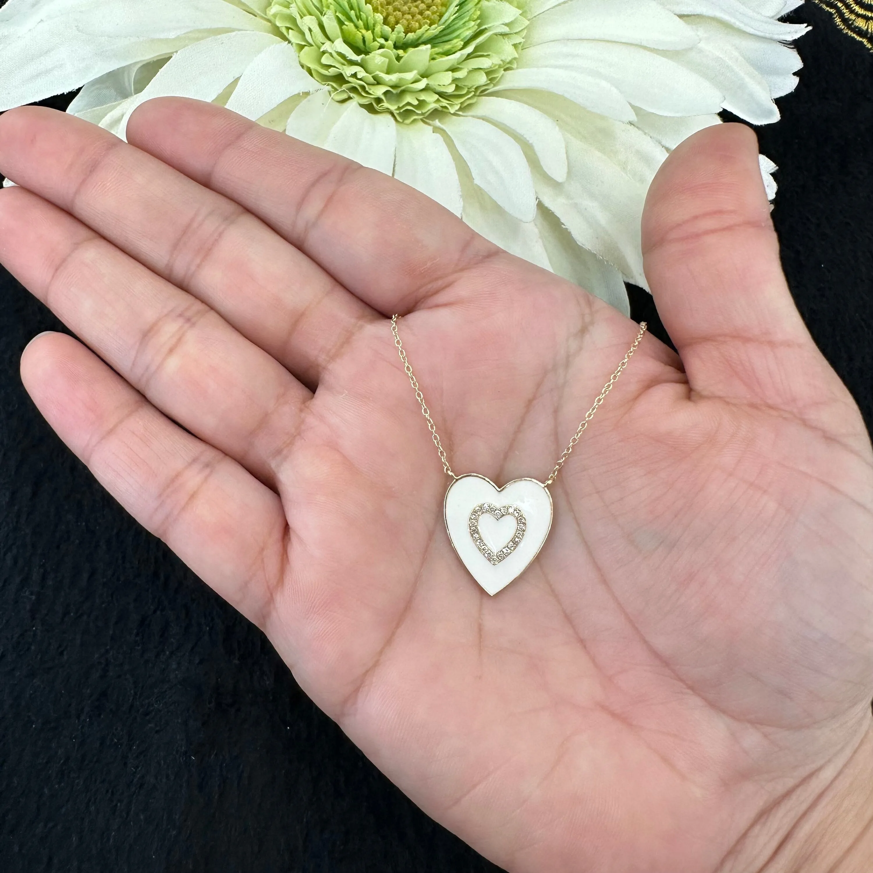 Diamond Heart Black Enamel Necklace