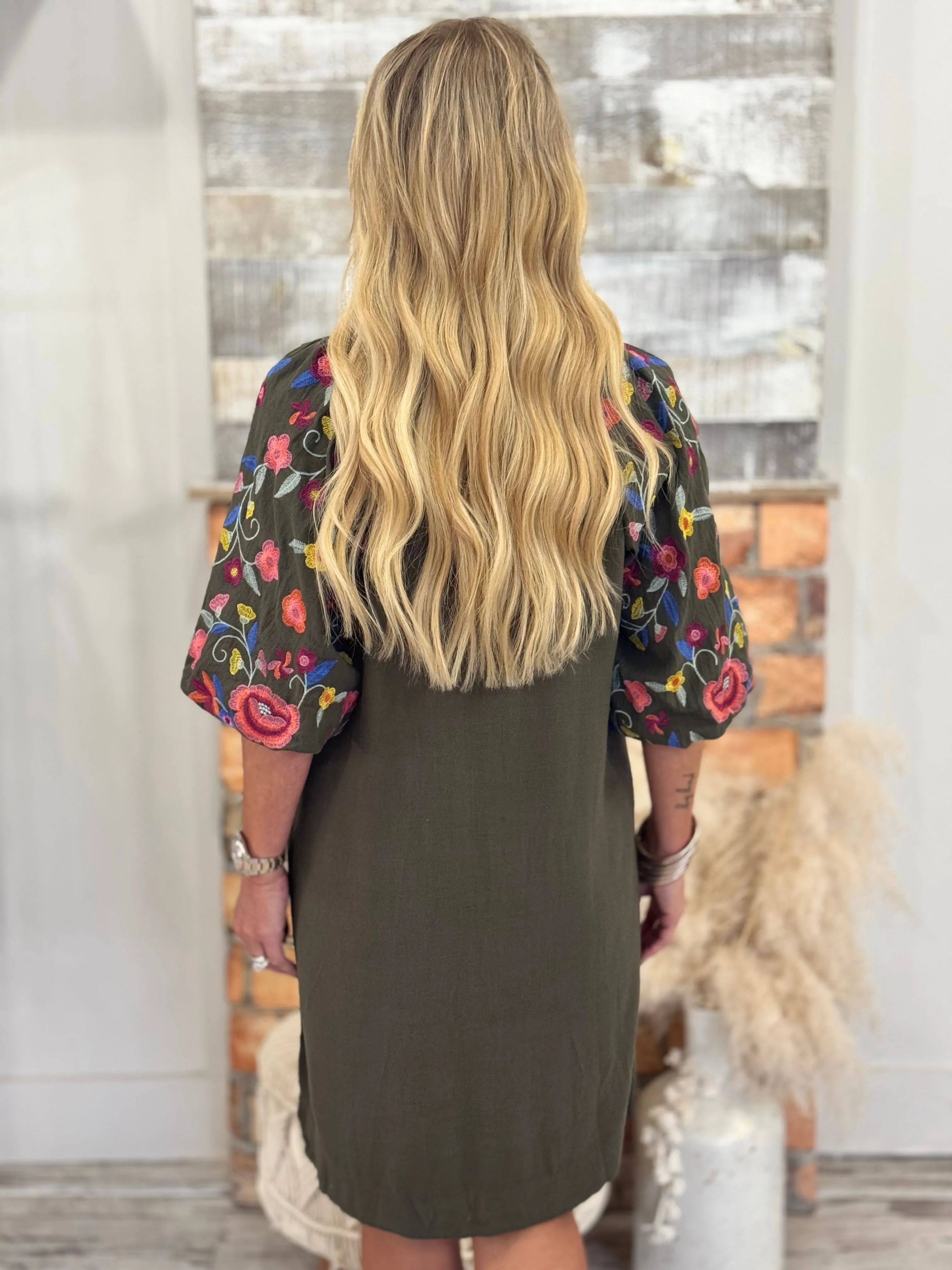 Embroidered Puff Sleeve Linen Dress