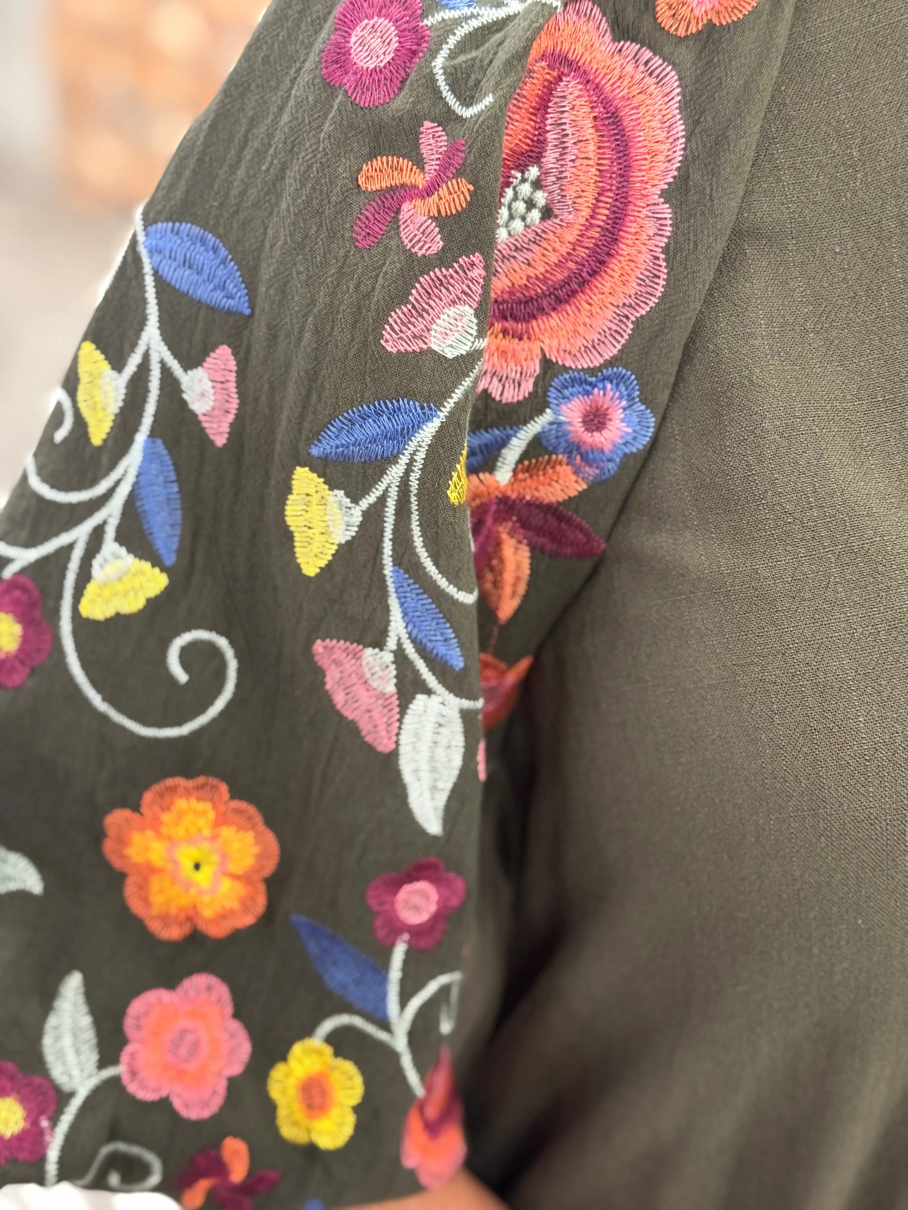 Embroidered Puff Sleeve Linen Dress