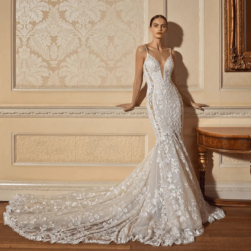 Ethereal Boho Beach Wedding Dress - Enchanting Lace Mermaid with Spaghetti Straps, Backless Floral Appliques, and Glittering Tulle