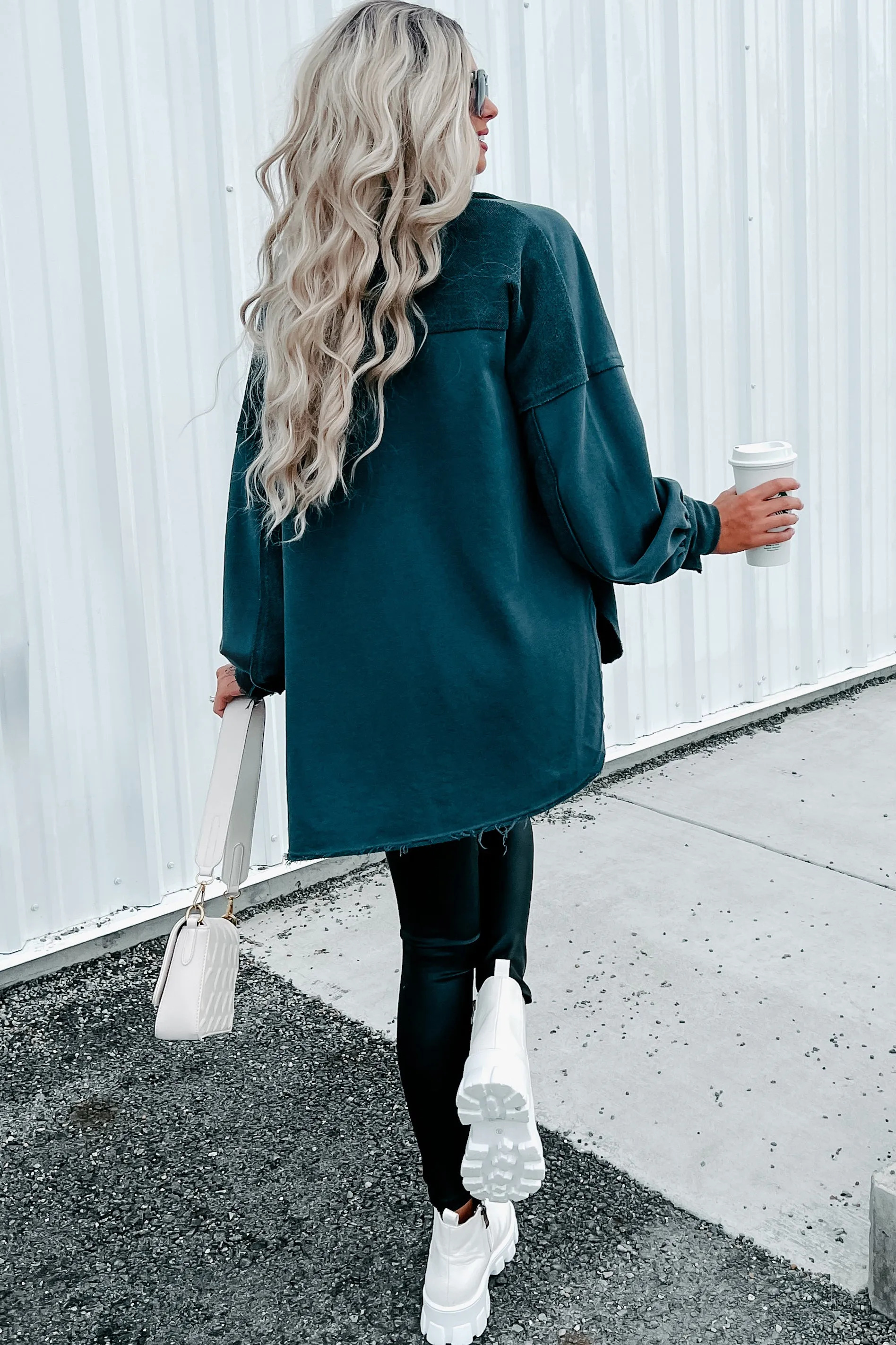 Evelina High-Low French Terry Shacket (Dark Teal)