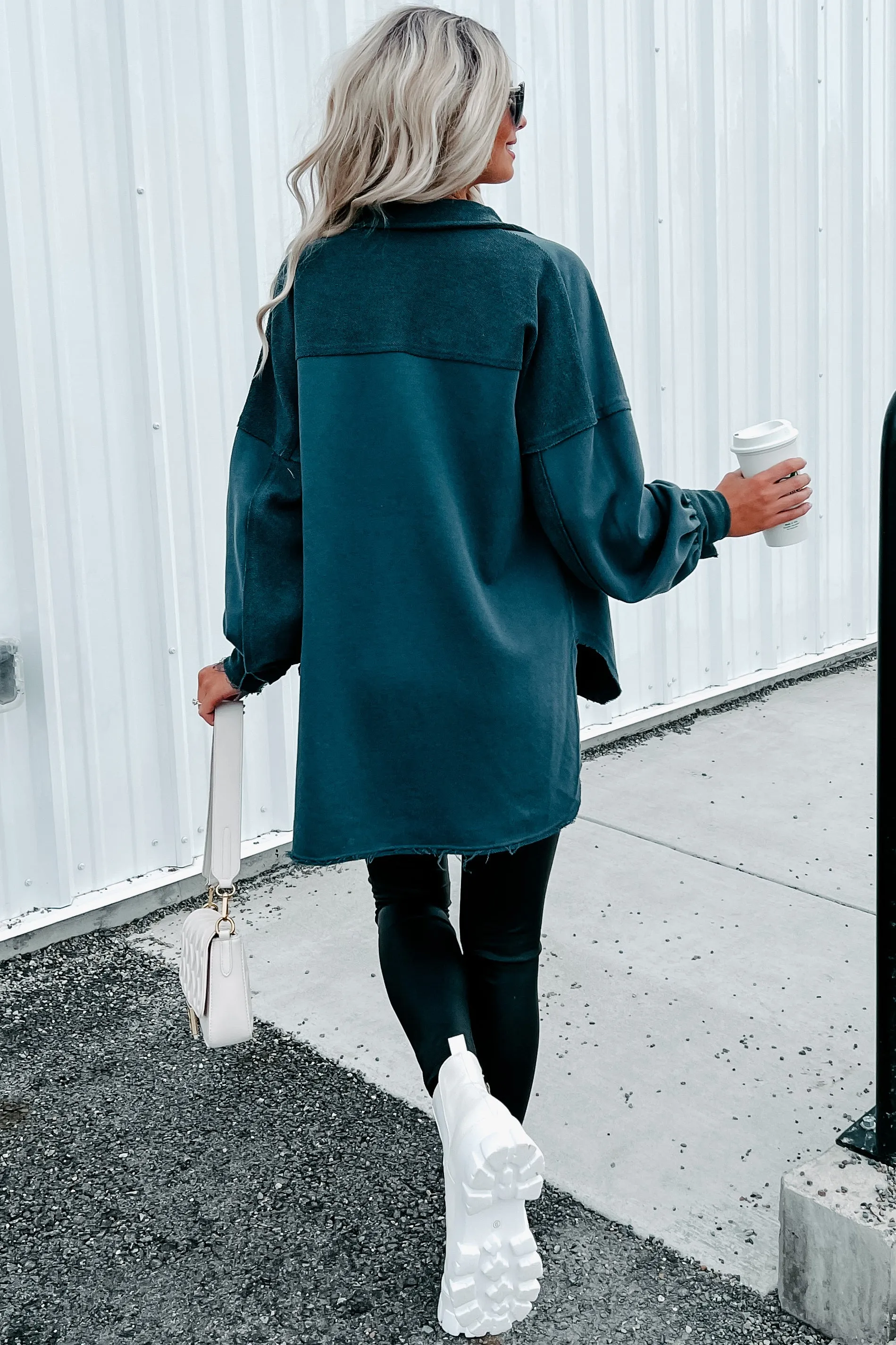 Evelina High-Low French Terry Shacket (Dark Teal)