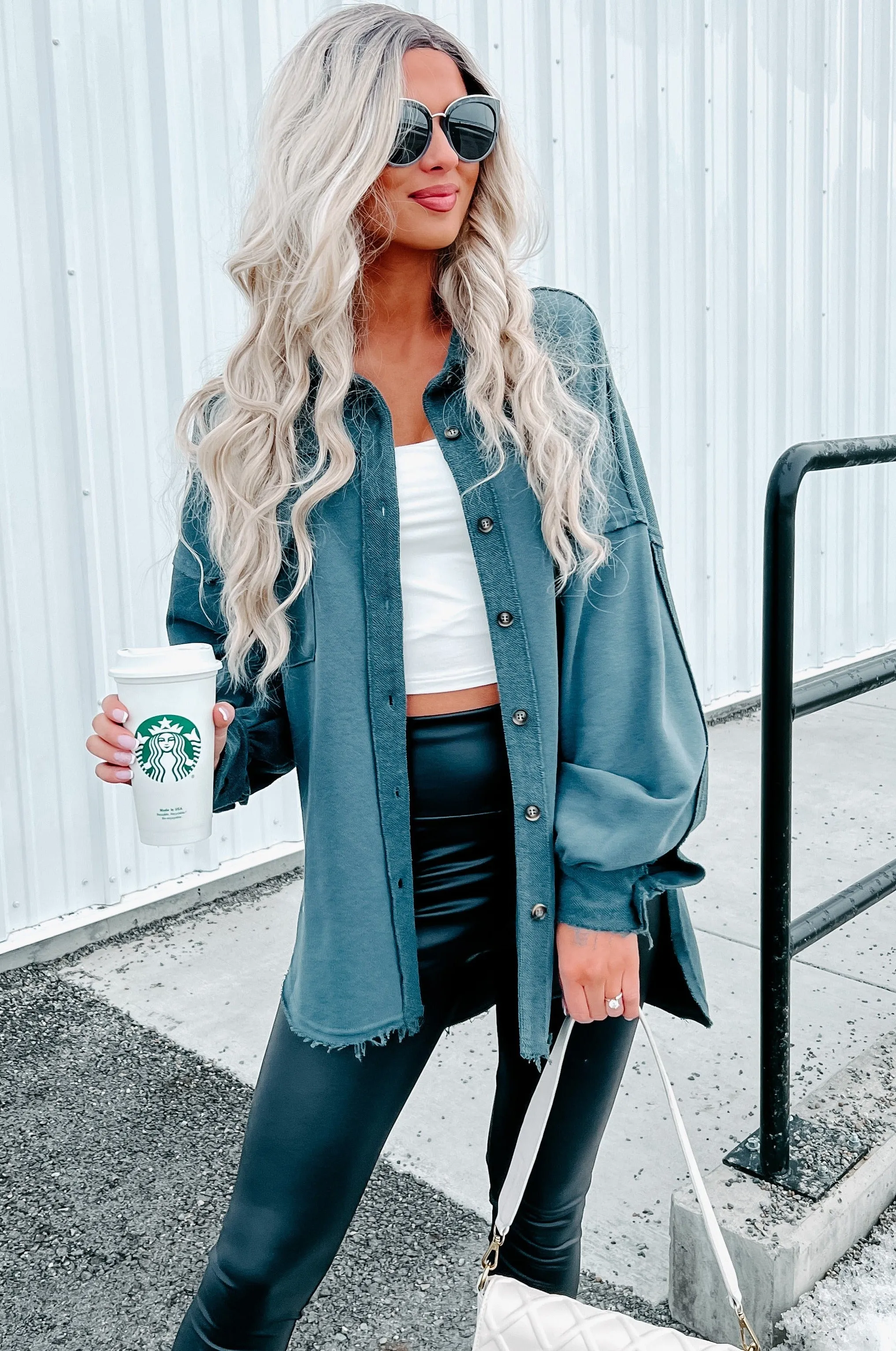Evelina High-Low French Terry Shacket (Dark Teal)