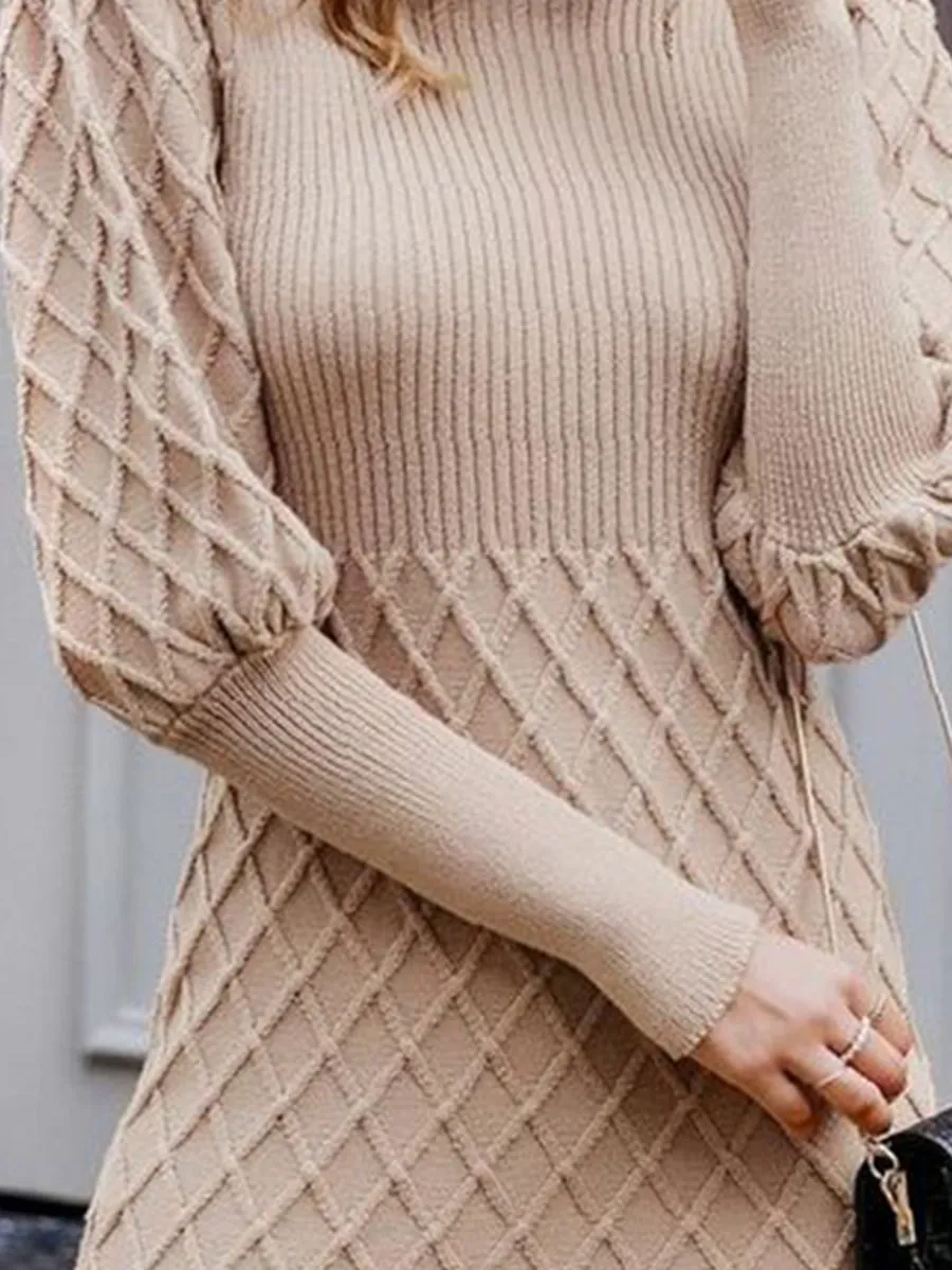 Fashion Solid Color Turtleneck Knitted Sweater Dress