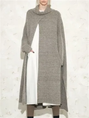 Fashionable Women'S High-Neck Slit Solid Color Knitted Dress