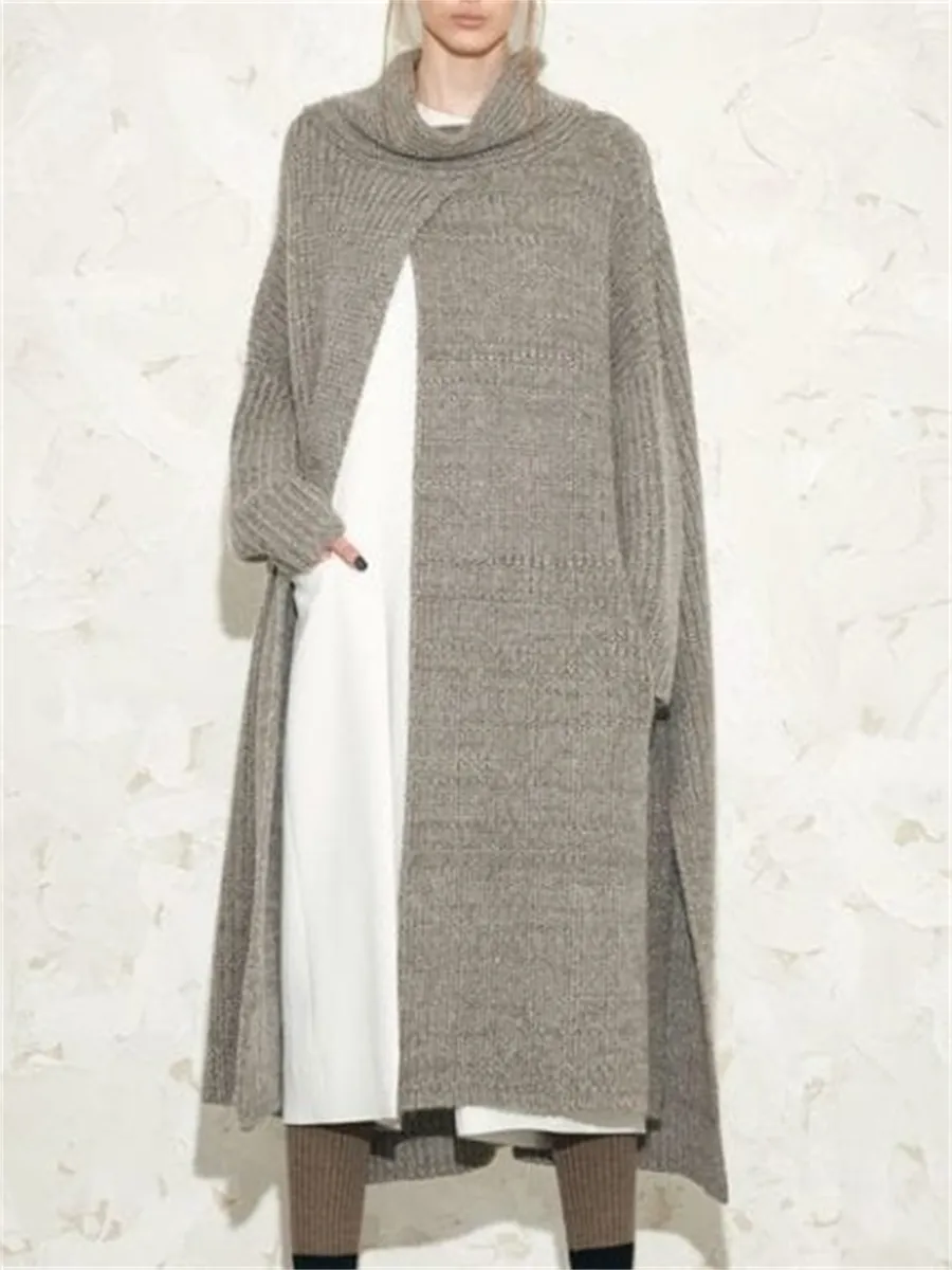 Fashionable Women'S High-Neck Slit Solid Color Knitted Dress
