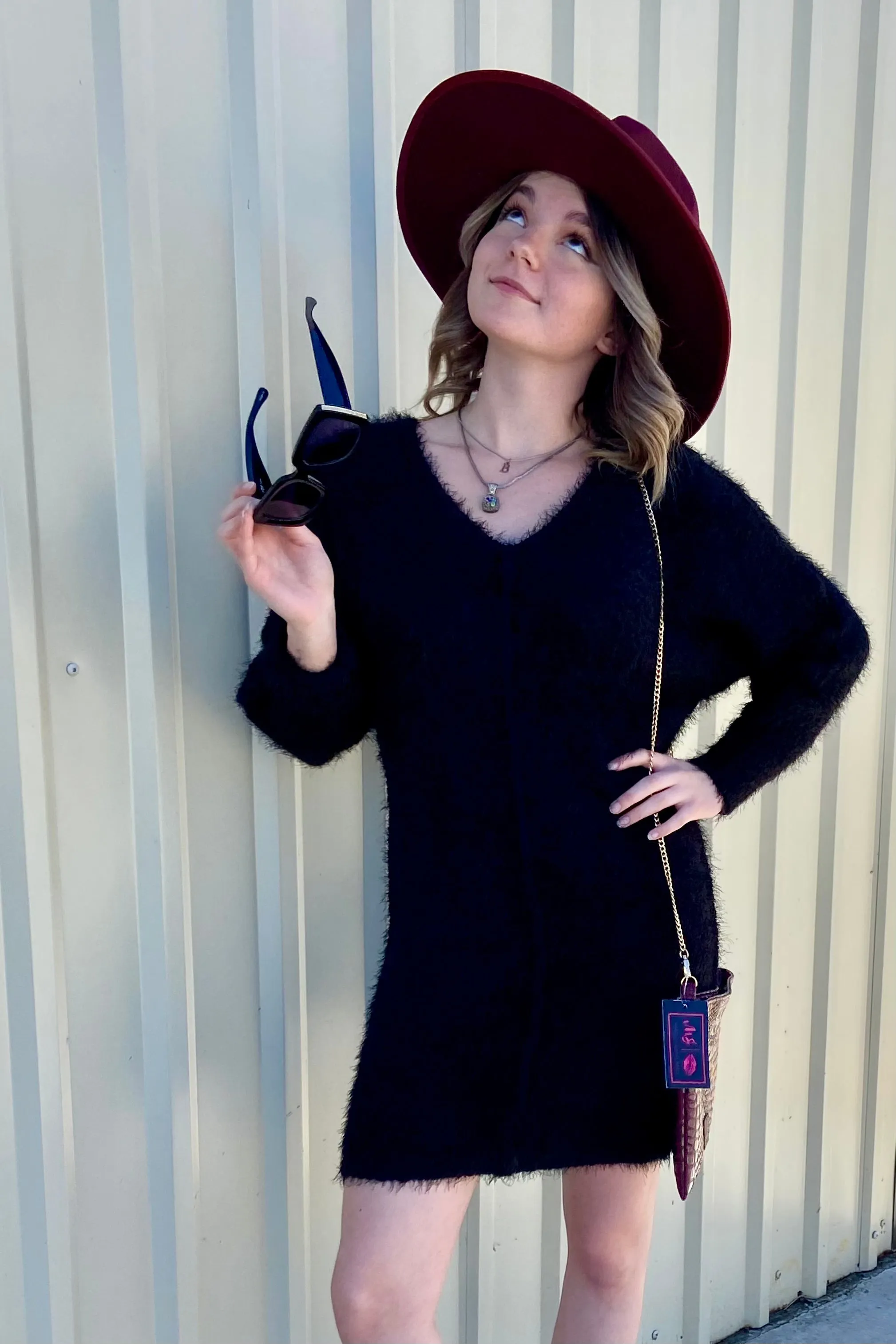 Fuzzy Knit Loose Sweater Mini Dress