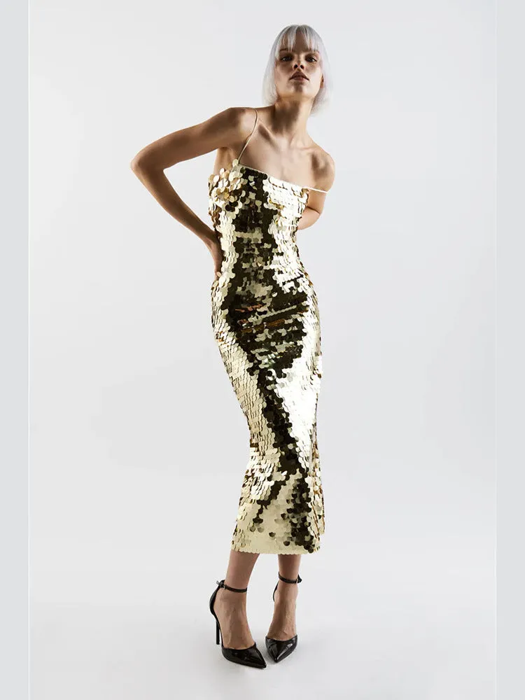 Glittering Tube Top Gold Backless Maxi Dress
