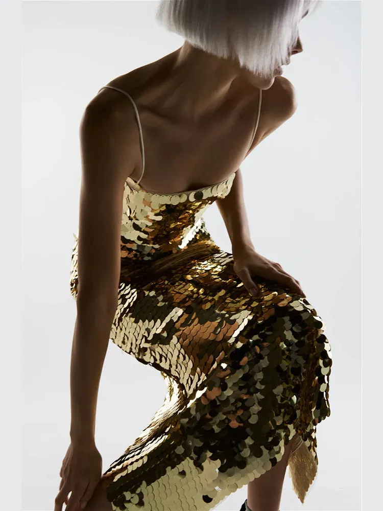 Glittering Tube Top Gold Backless Maxi Dress