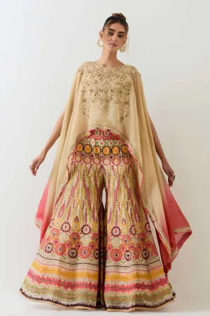 Gold Embroidered Cape & Cross Stitch Sharara Set