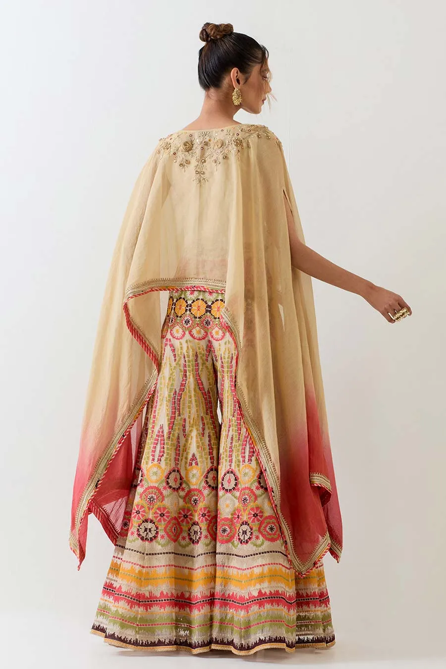 Gold Embroidered Cape & Cross Stitch Sharara Set