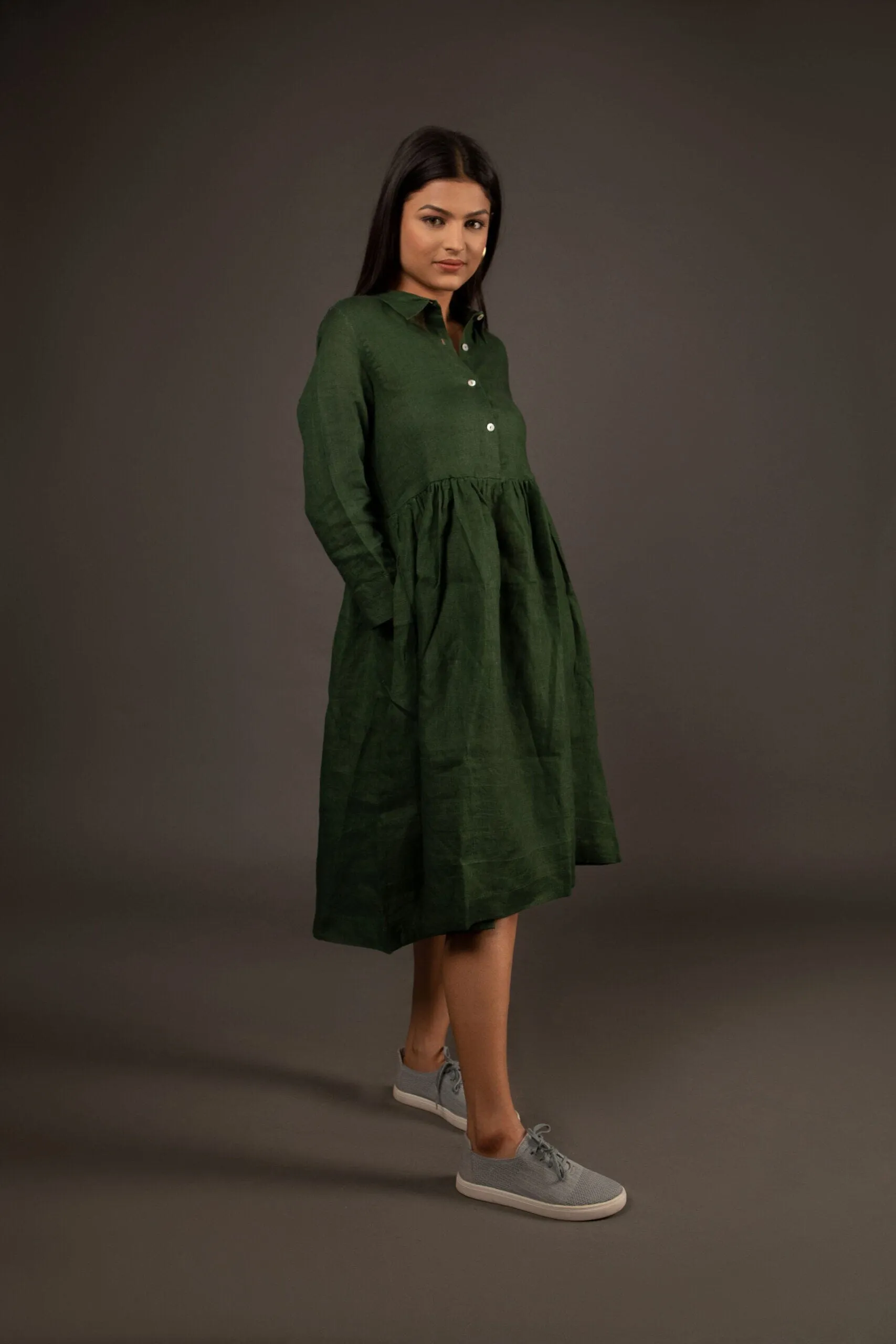 Green Yoke Gathered Dress